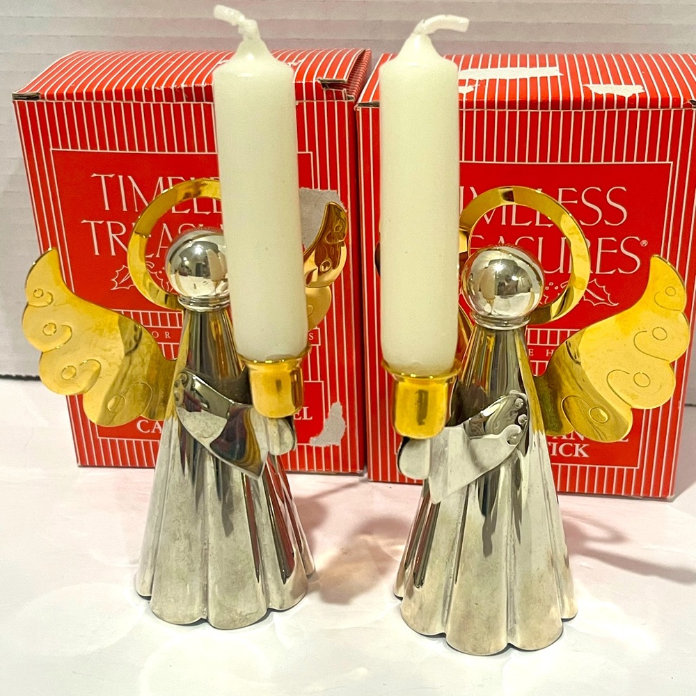 2 pc. TIMELESS TREASURES Silver Plated & Gold Toned Angels Candle Holders -VTG